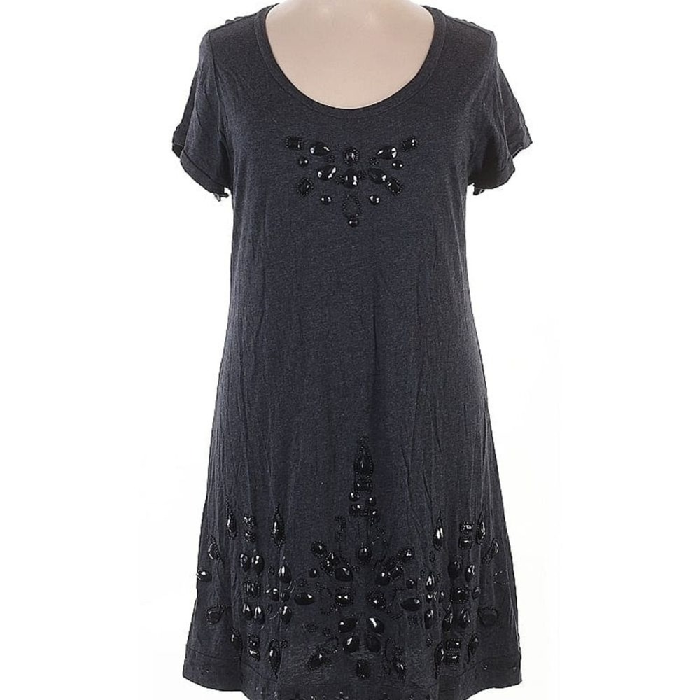 2ten Embellished T-Shirt Dress Womens XL Charcoal Grey Beaded Short Sleeve Scoop